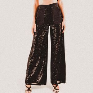 PINKO Parker Plus Black Sequin Palazzo Trousers – Glam Statement Pants (Sz 26)